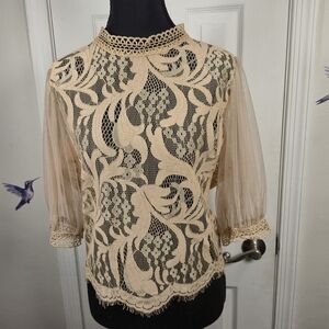 Peach Vintage-Inspired Romantic Crochet Lace Mock Neck Coquette Top Size L